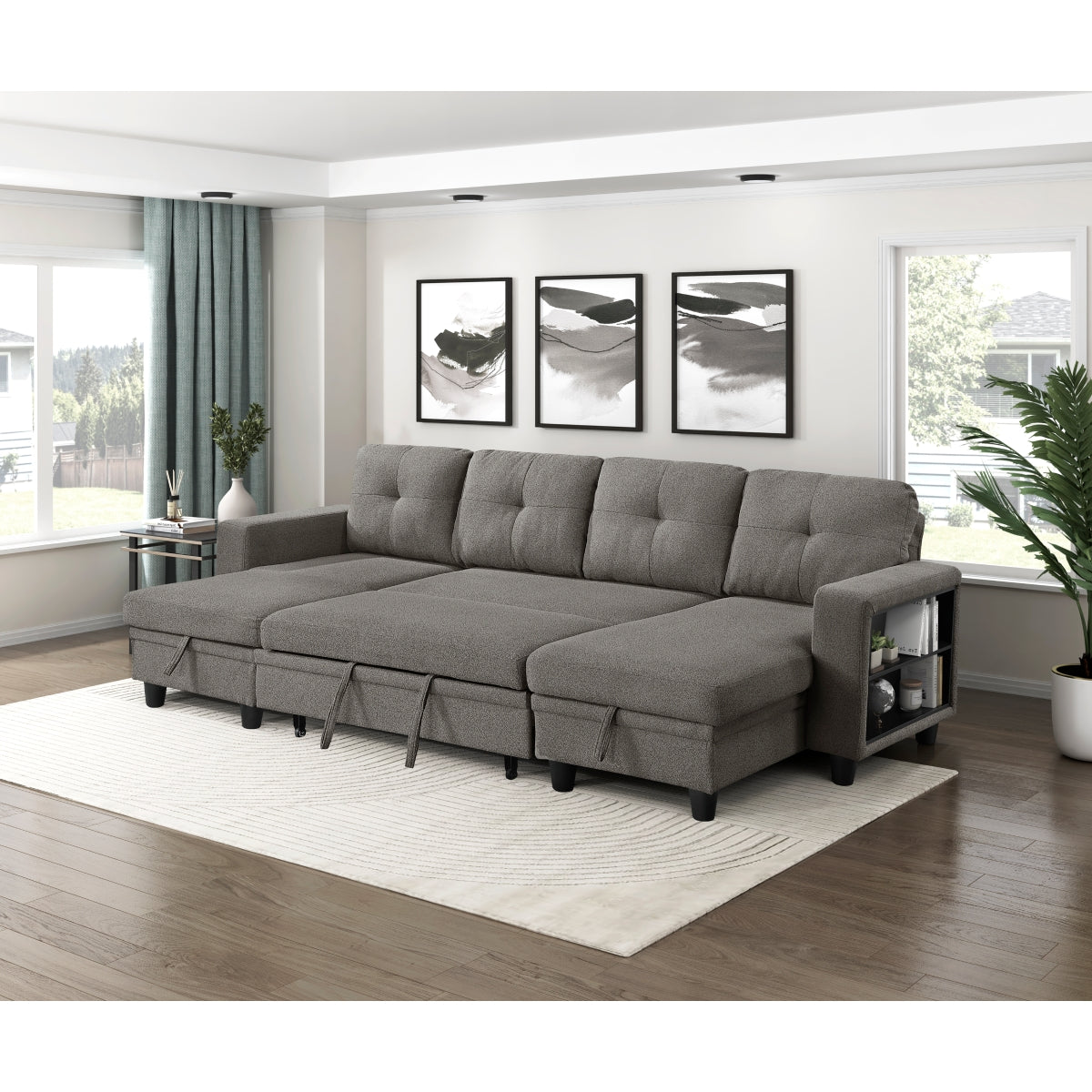 Robinson Sectional with Two Chaises, Pull-out Bed, Shelves and Charging Ports