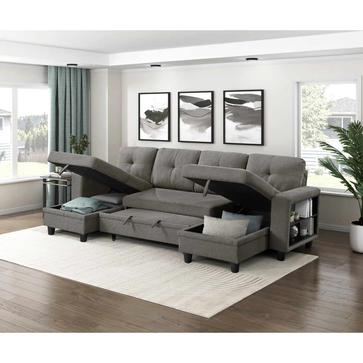 Robinson Sectional with Two Chaises, Pull-out Bed, Shelves and Charging Ports