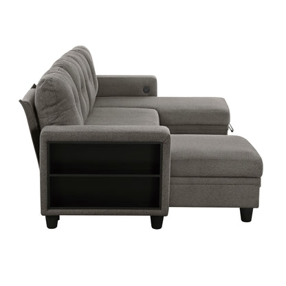 Robinson Sectional with Two Chaises, Pull-out Bed, Shelves and Charging Ports