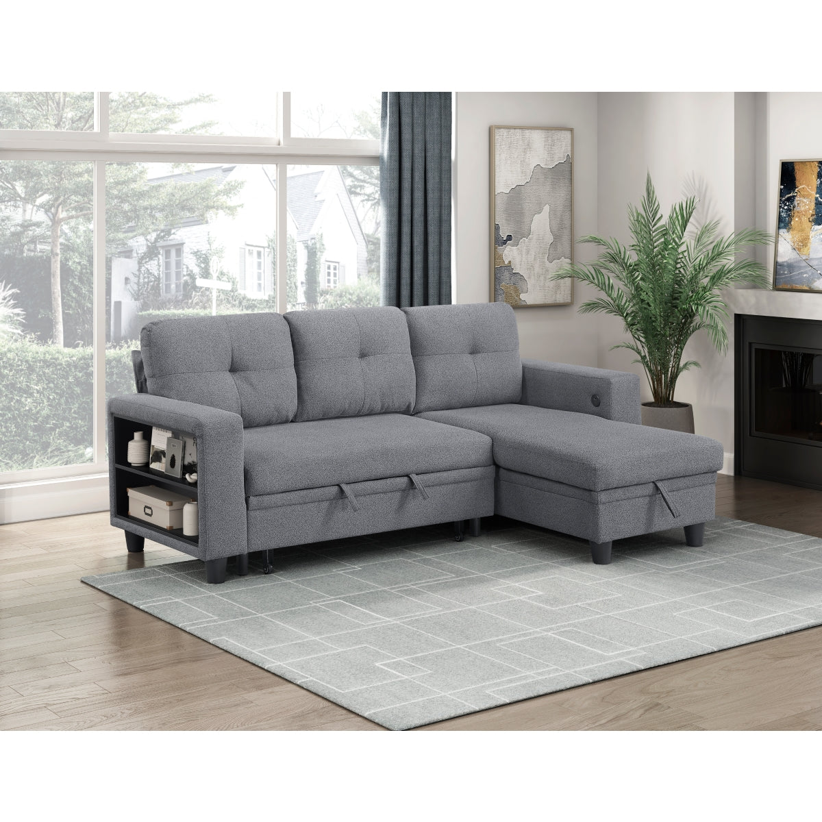Robinson Sectional with Reversible Chaise, Pull-out Bed, Shelves and Charging Ports