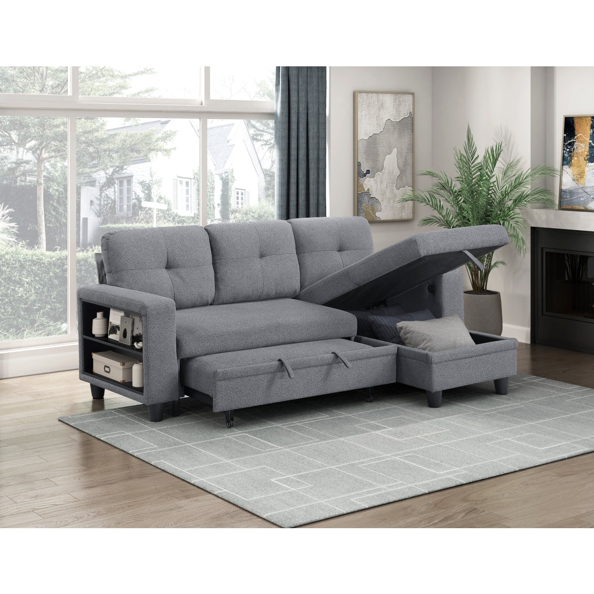 Robinson Sectional with Reversible Chaise, Pull-out Bed, Shelves and Charging Ports