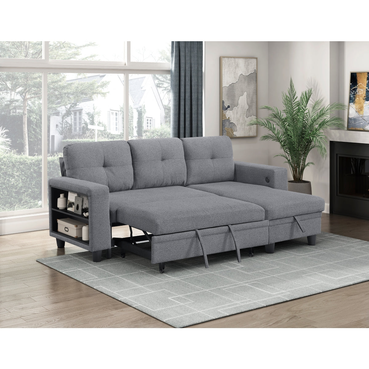 Robinson Sectional with Reversible Chaise, Pull-out Bed, Shelves and Charging Ports