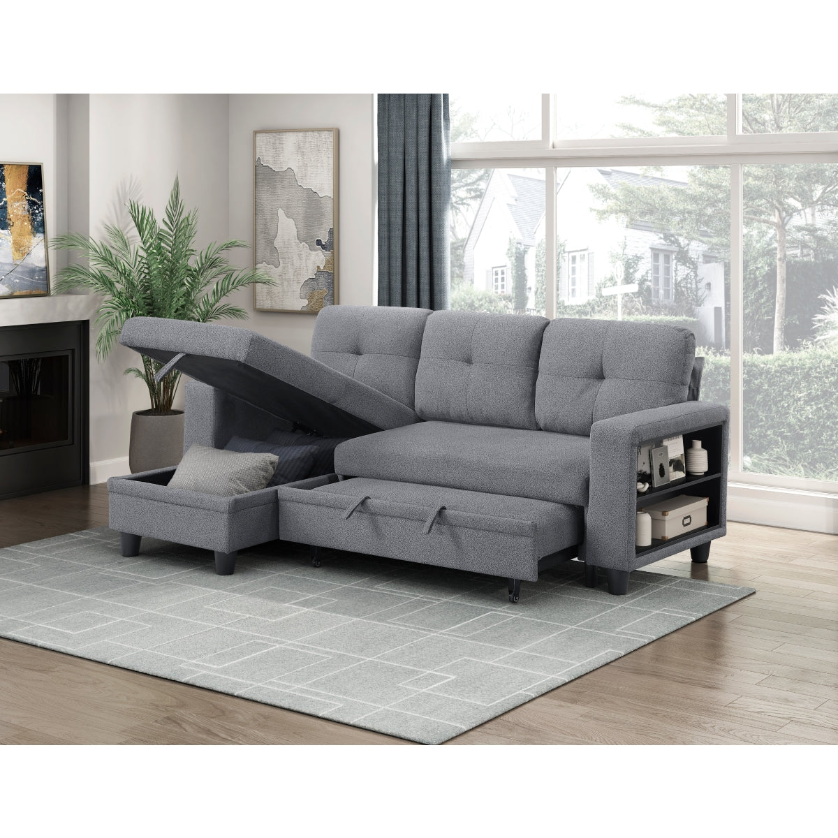 Robinson Sectional with Reversible Chaise, Pull-out Bed, Shelves and Charging Ports