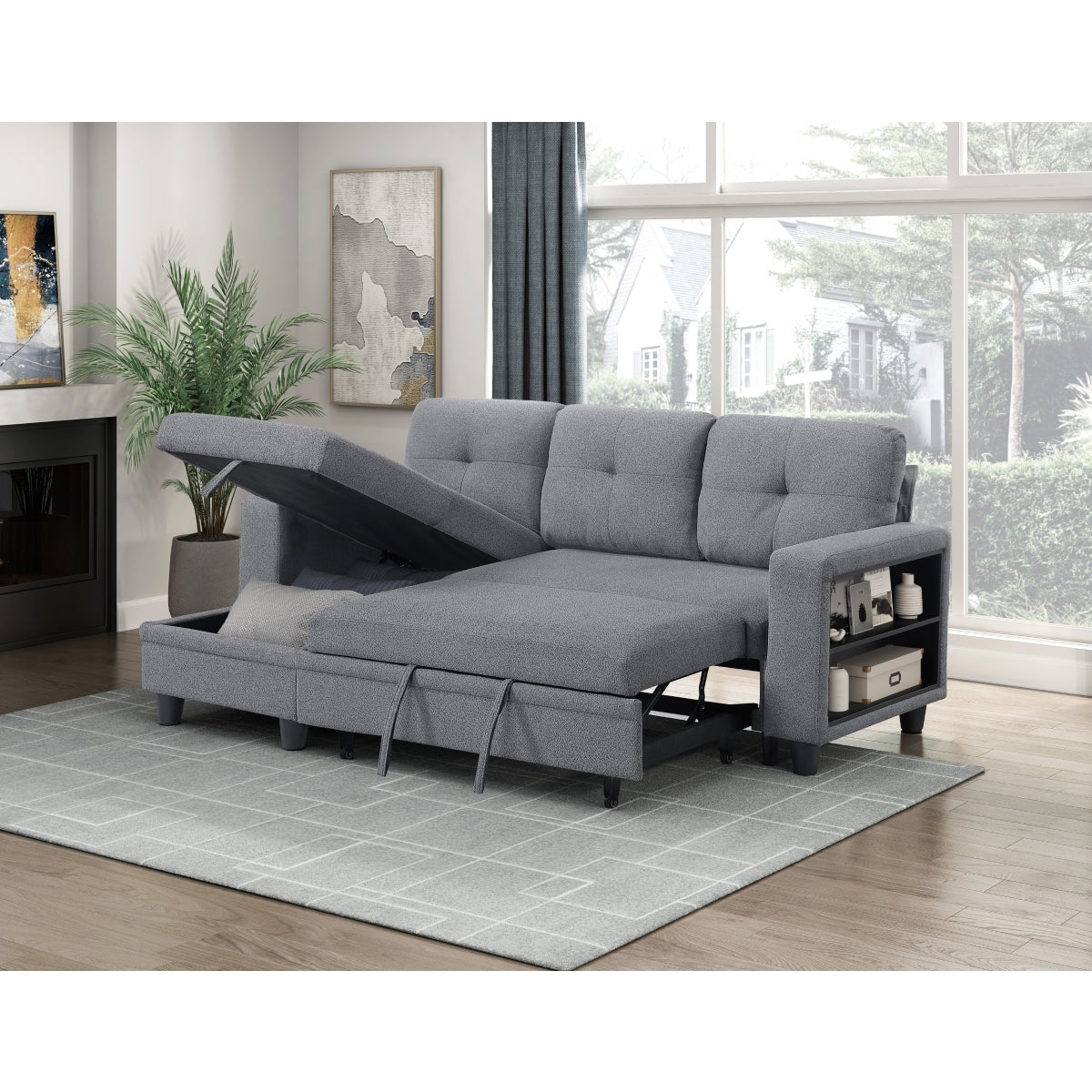 Robinson Sectional with Reversible Chaise, Pull-out Bed, Shelves and Charging Ports