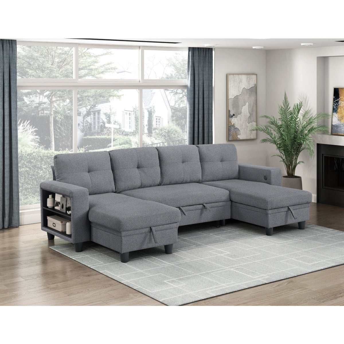 Robinson Sectional with Two Chaises, Pull-out Bed, Shelves and Charging Ports