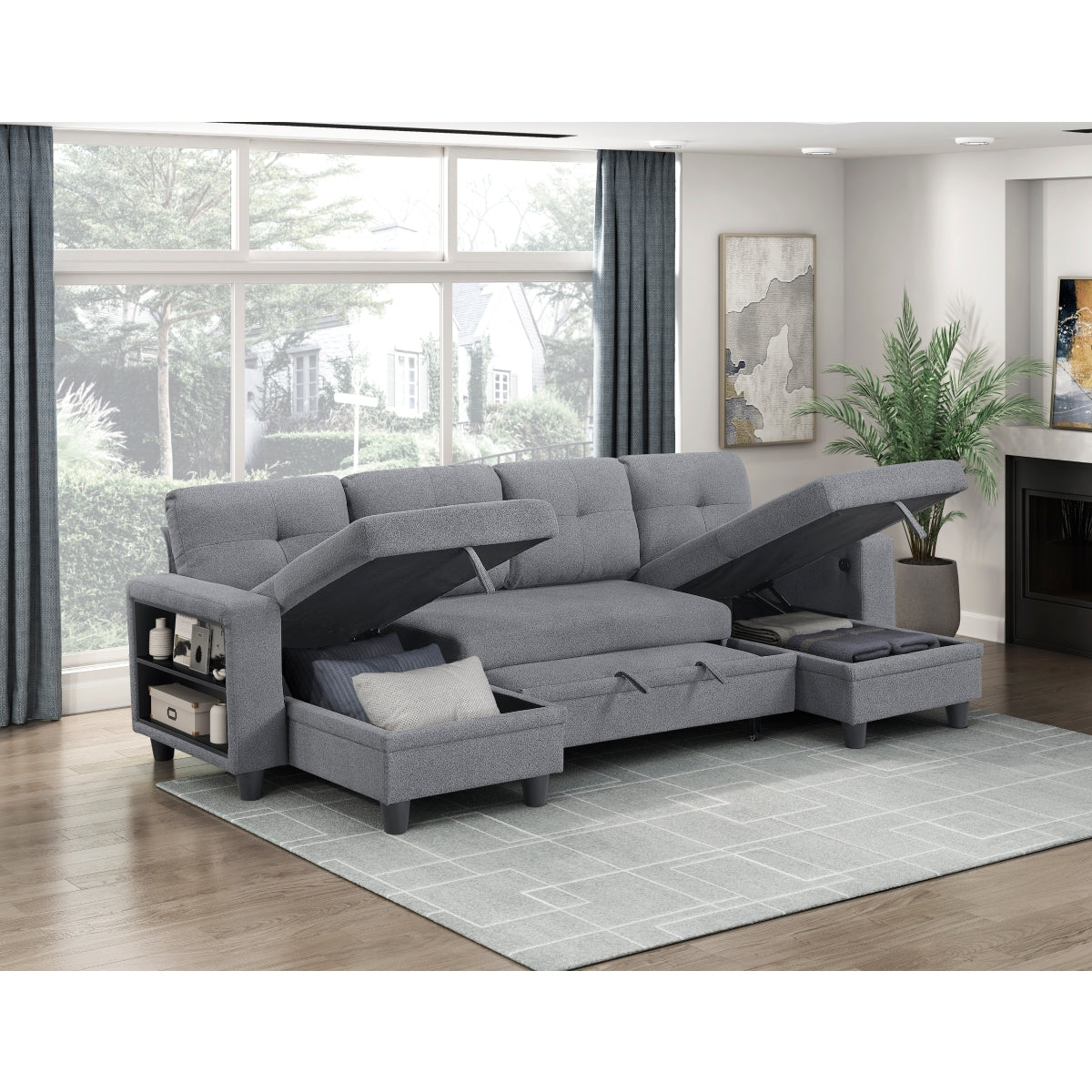 Robinson Sectional with Two Chaises, Pull-out Bed, Shelves and Charging Ports