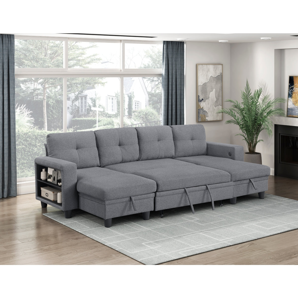 Robinson Sectional with Two Chaises, Pull-out Bed, Shelves and Charging Ports