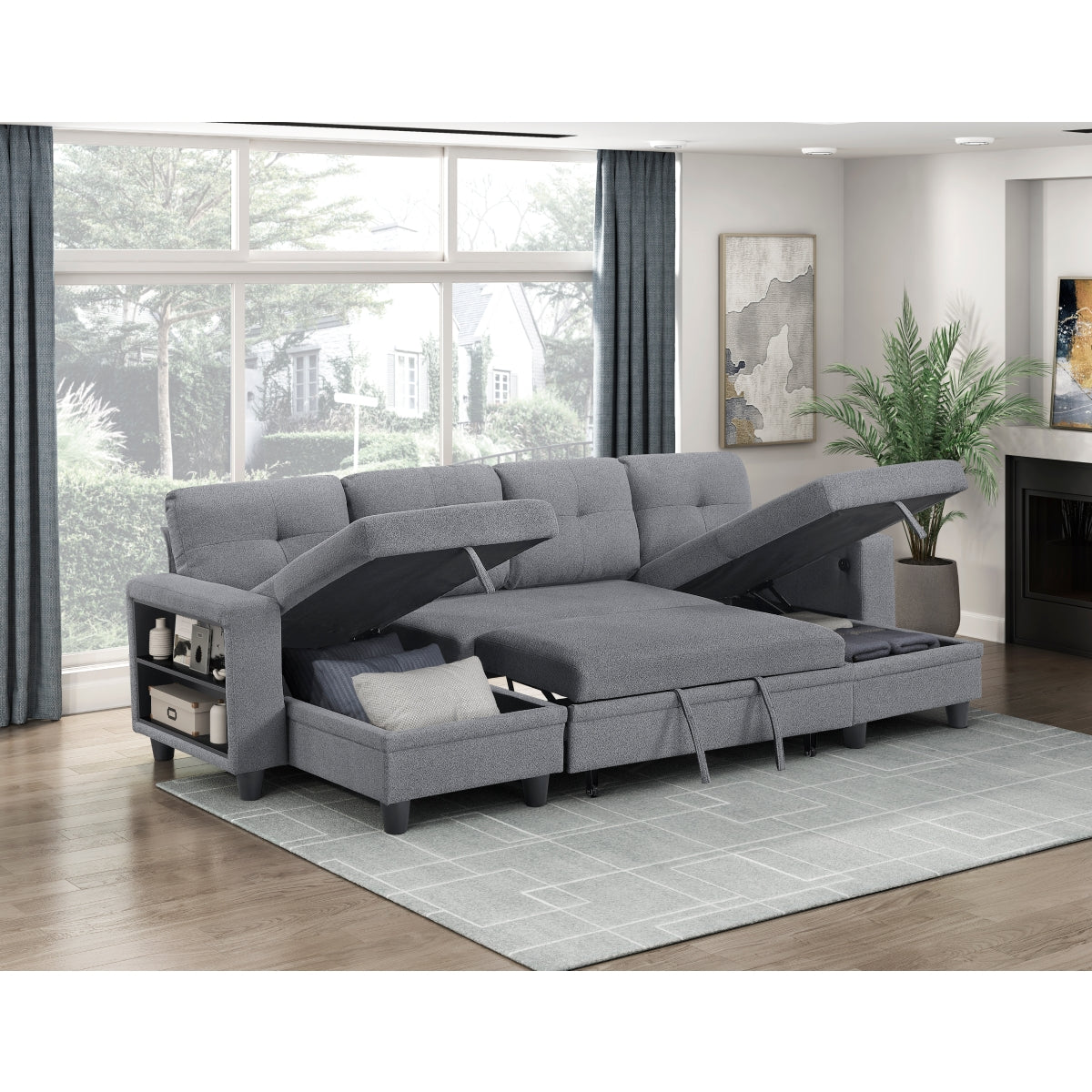 Robinson Sectional with Two Chaises, Pull-out Bed, Shelves and Charging Ports