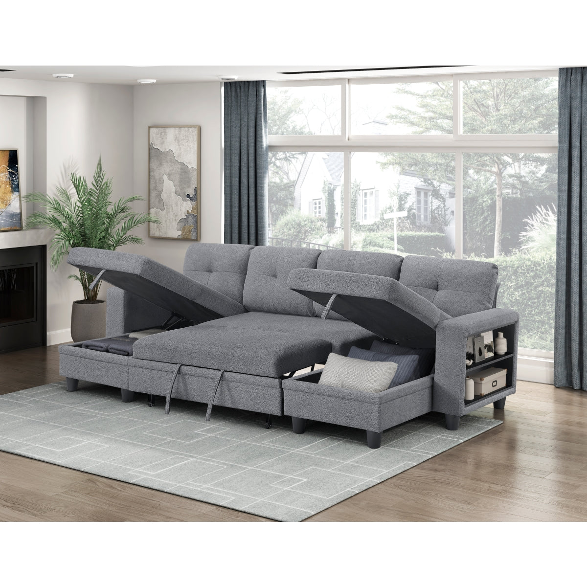 Robinson Sectional with Two Chaises, Pull-out Bed, Shelves and Charging Ports