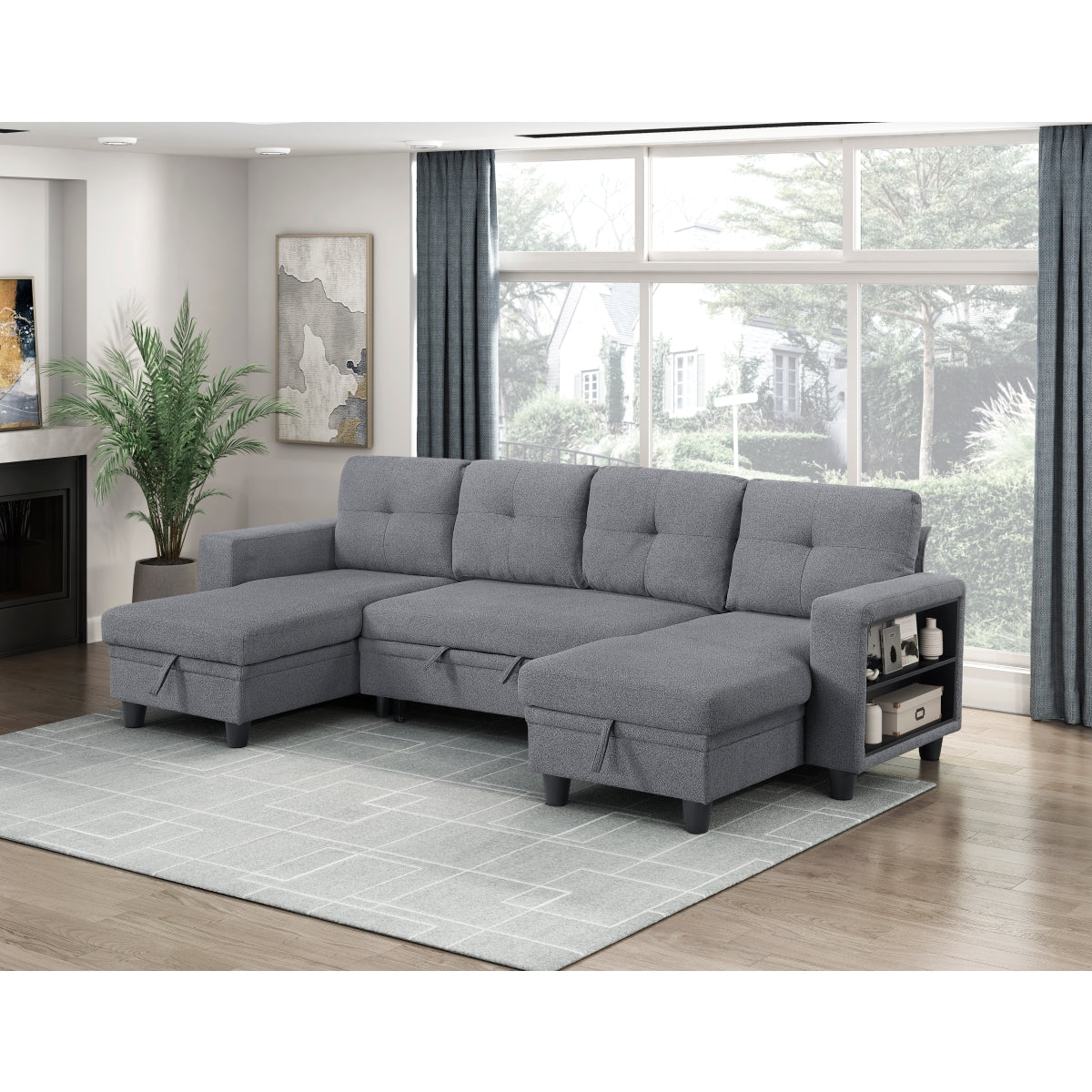 Robinson Sectional with Two Chaises, Pull-out Bed, Shelves and Charging Ports