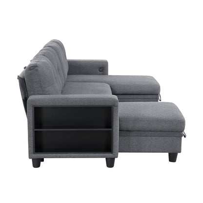 Robinson Sectional with Two Chaises, Pull-out Bed, Shelves and Charging Ports