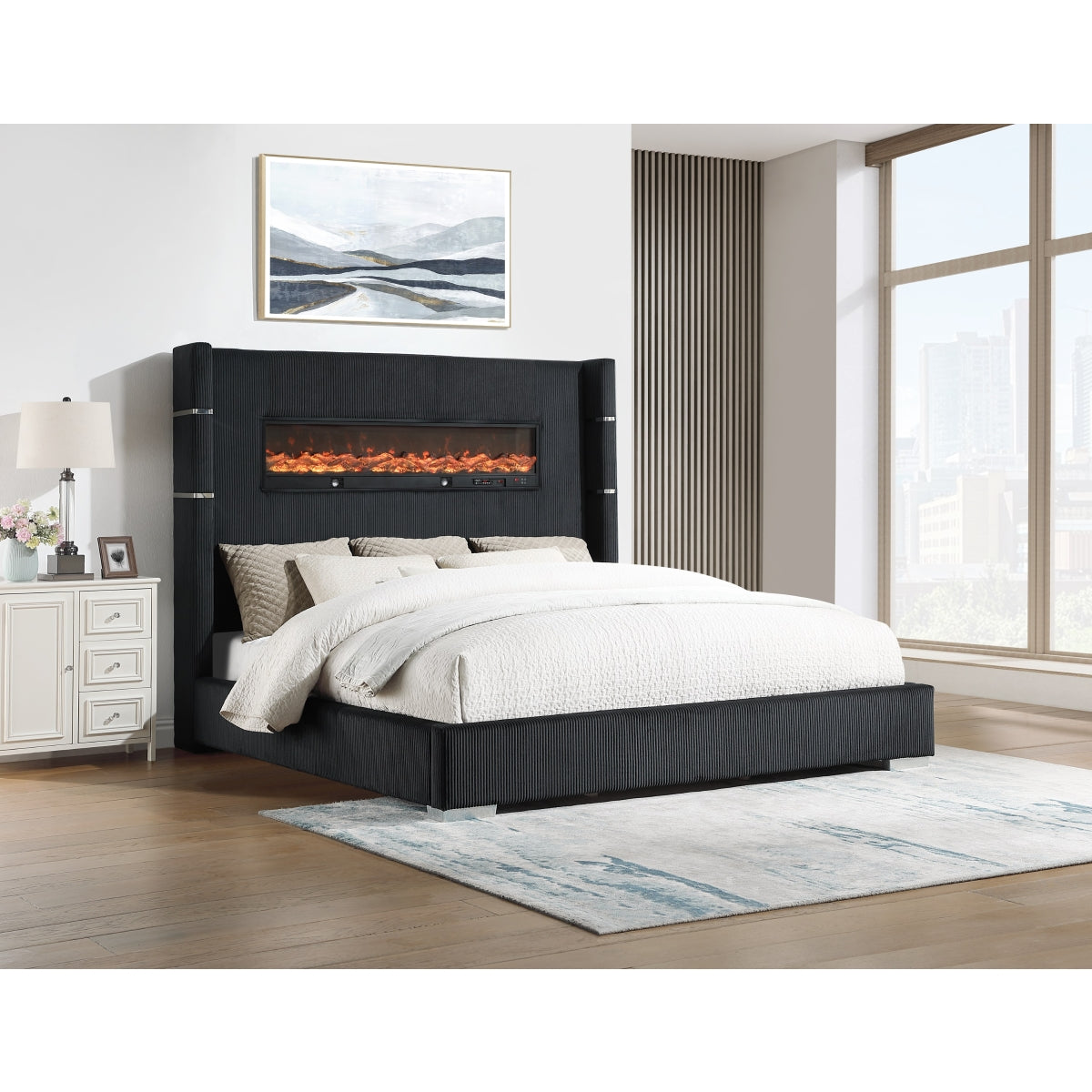 Vadra Uphl Qn Bed W/ Fireplace Display