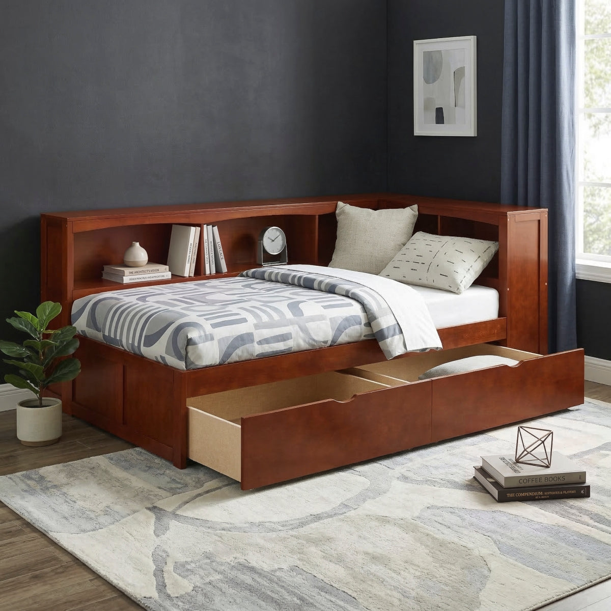 Rowe Twin Bookcase Corner Platform Bed with Storage Boxes