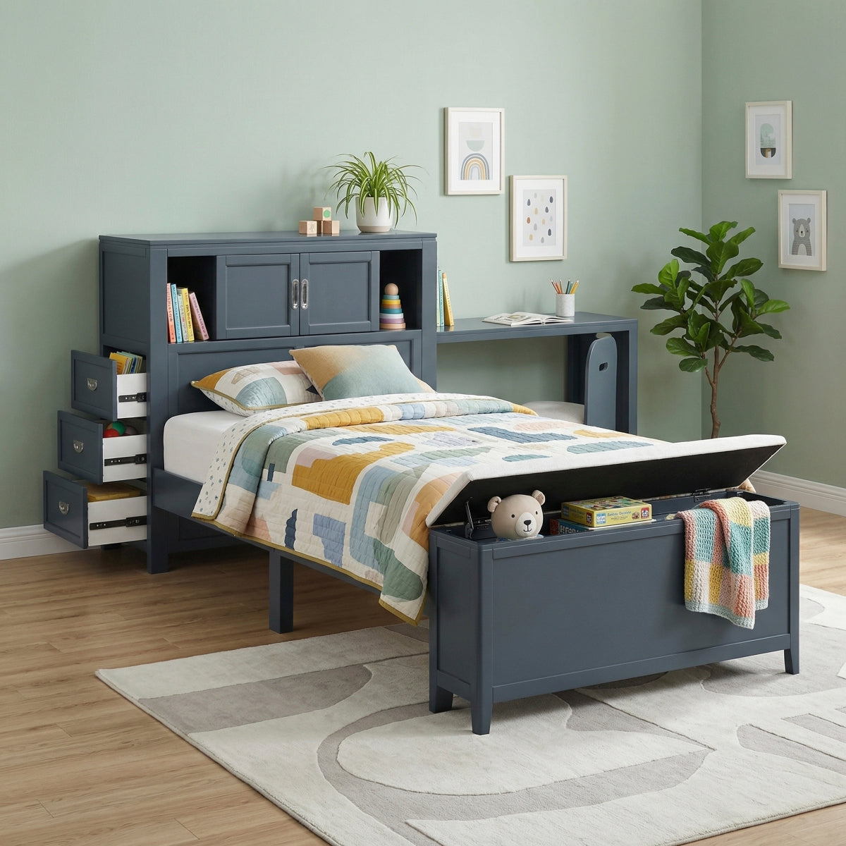 Sloane Bookcase Platform Bed with Hidden Desk, Stool and Storage Bench (Blue)