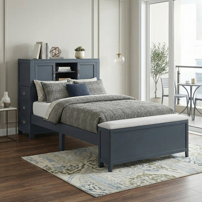 Sloane Bookcase Platform Bed with Hidden Desk, Stool and Storage Bench (Blue)