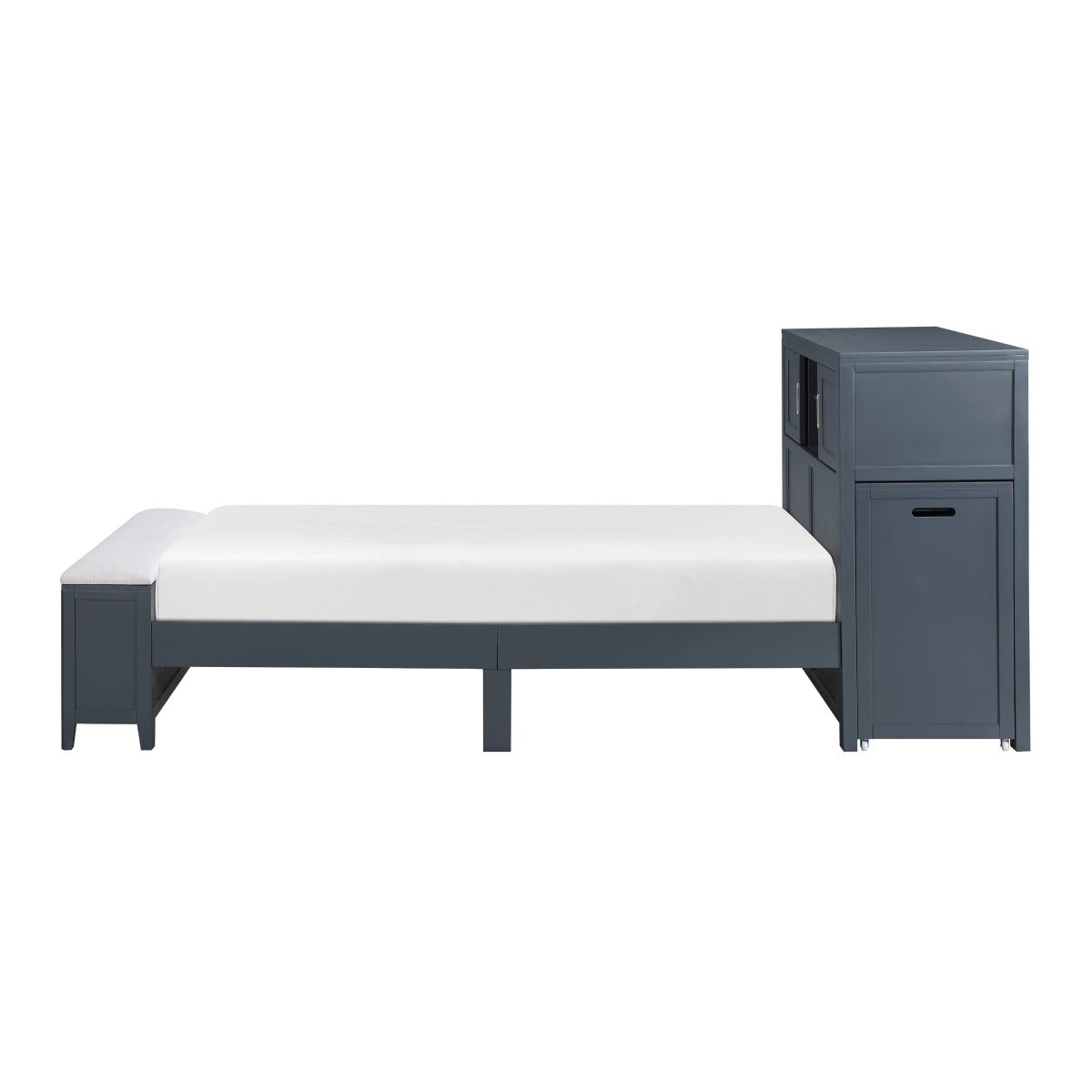 Sloane Bookcase Platform Bed with Hidden Desk, Stool and Storage Bench (Blue)