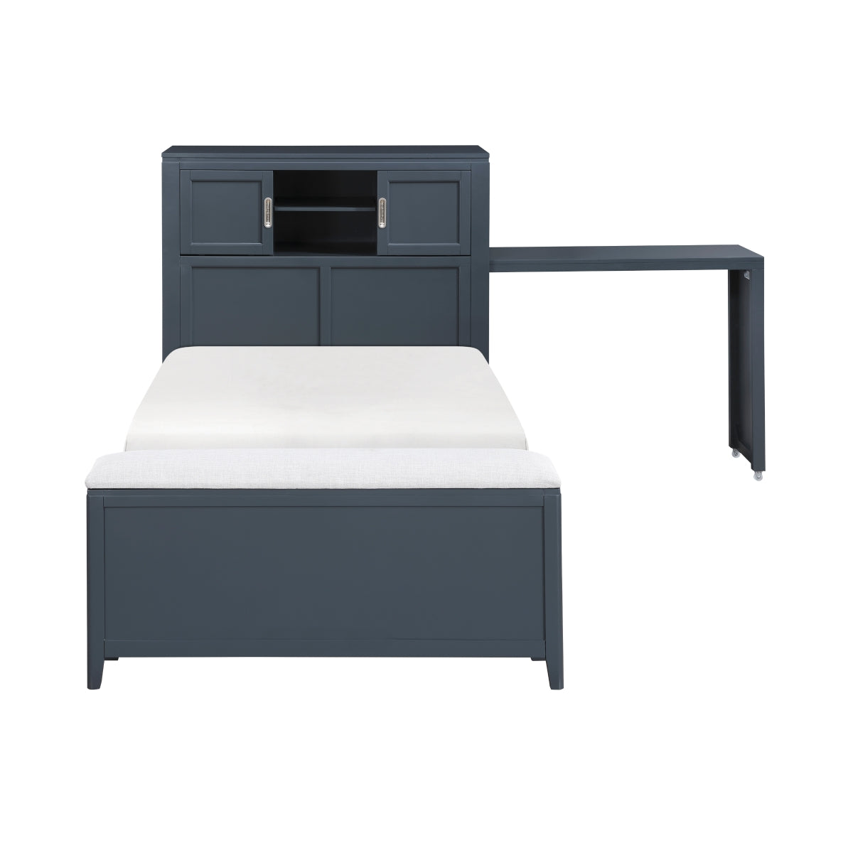 Sloane Bookcase Platform Bed with Hidden Desk, Stool and Storage Bench (Blue)