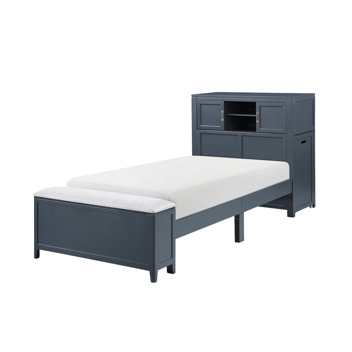 Sloane Bookcase Platform Bed with Hidden Desk, Stool and Storage Bench (Blue)