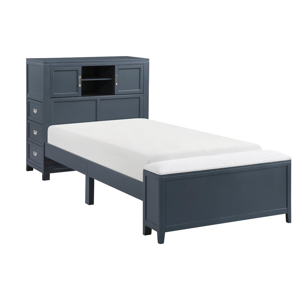 Sloane Bookcase Platform Bed with Hidden Desk, Stool and Storage Bench (Blue)