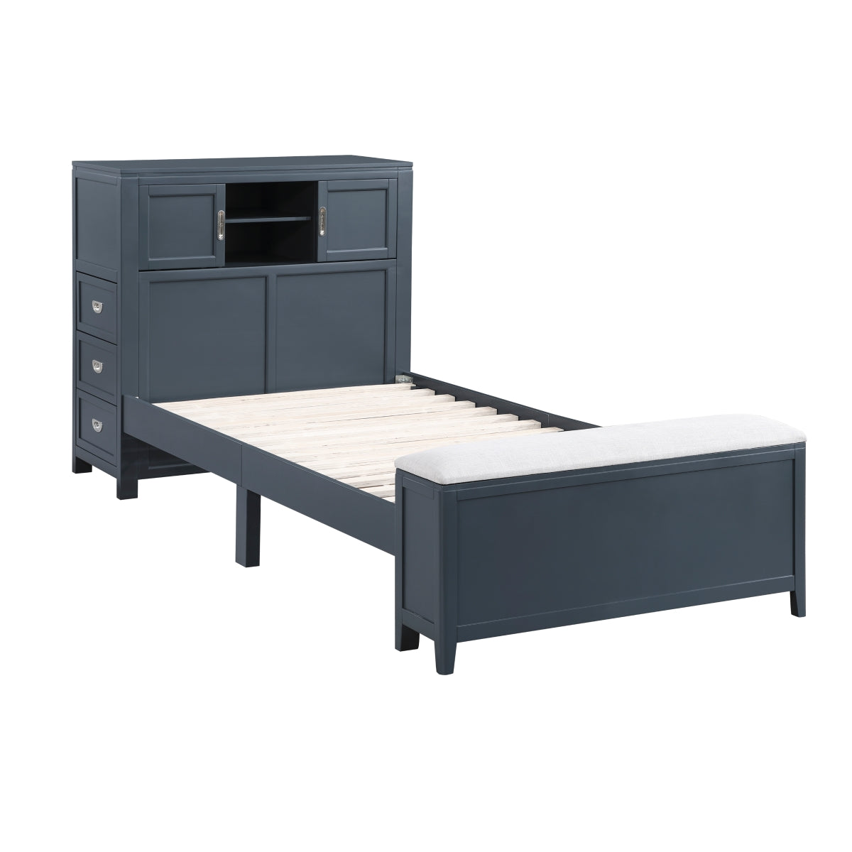 Sloane Bookcase Platform Bed with Hidden Desk, Stool and Storage Bench (Blue)
