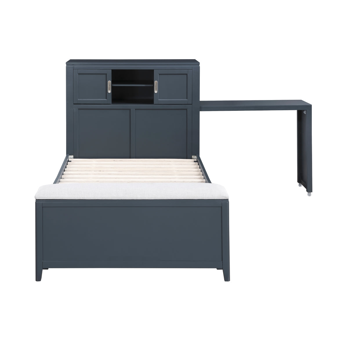 Sloane Bookcase Platform Bed with Hidden Desk, Stool and Storage Bench (Blue)