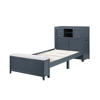Sloane Bookcase Platform Bed with Hidden Desk, Stool and Storage Bench (Blue)