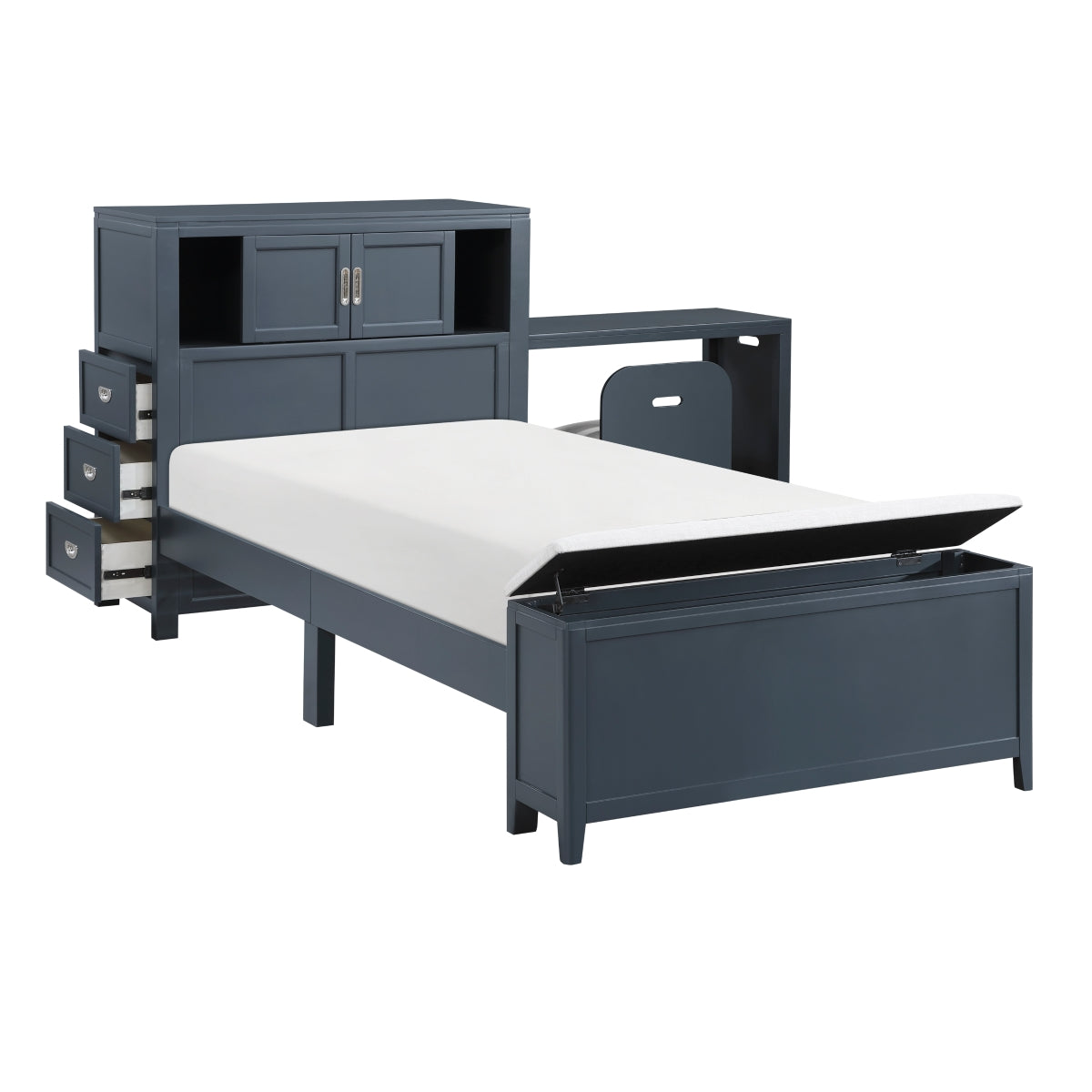 Sloane Bookcase Platform Bed with Hidden Desk, Stool and Storage Bench (Blue)