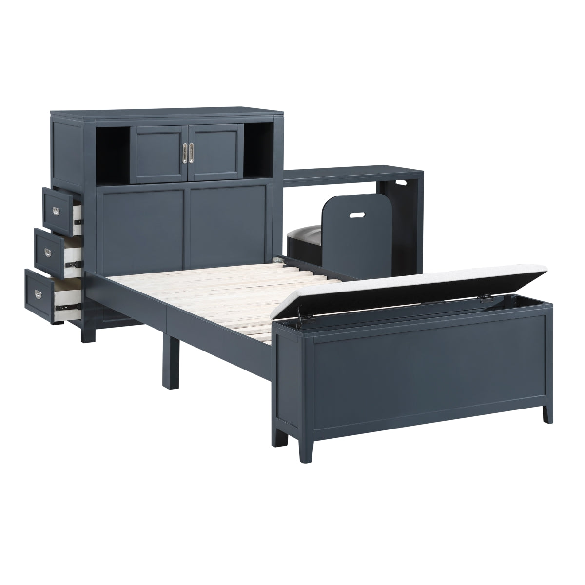 Sloane Bookcase Platform Bed with Hidden Desk, Stool and Storage Bench (Blue)