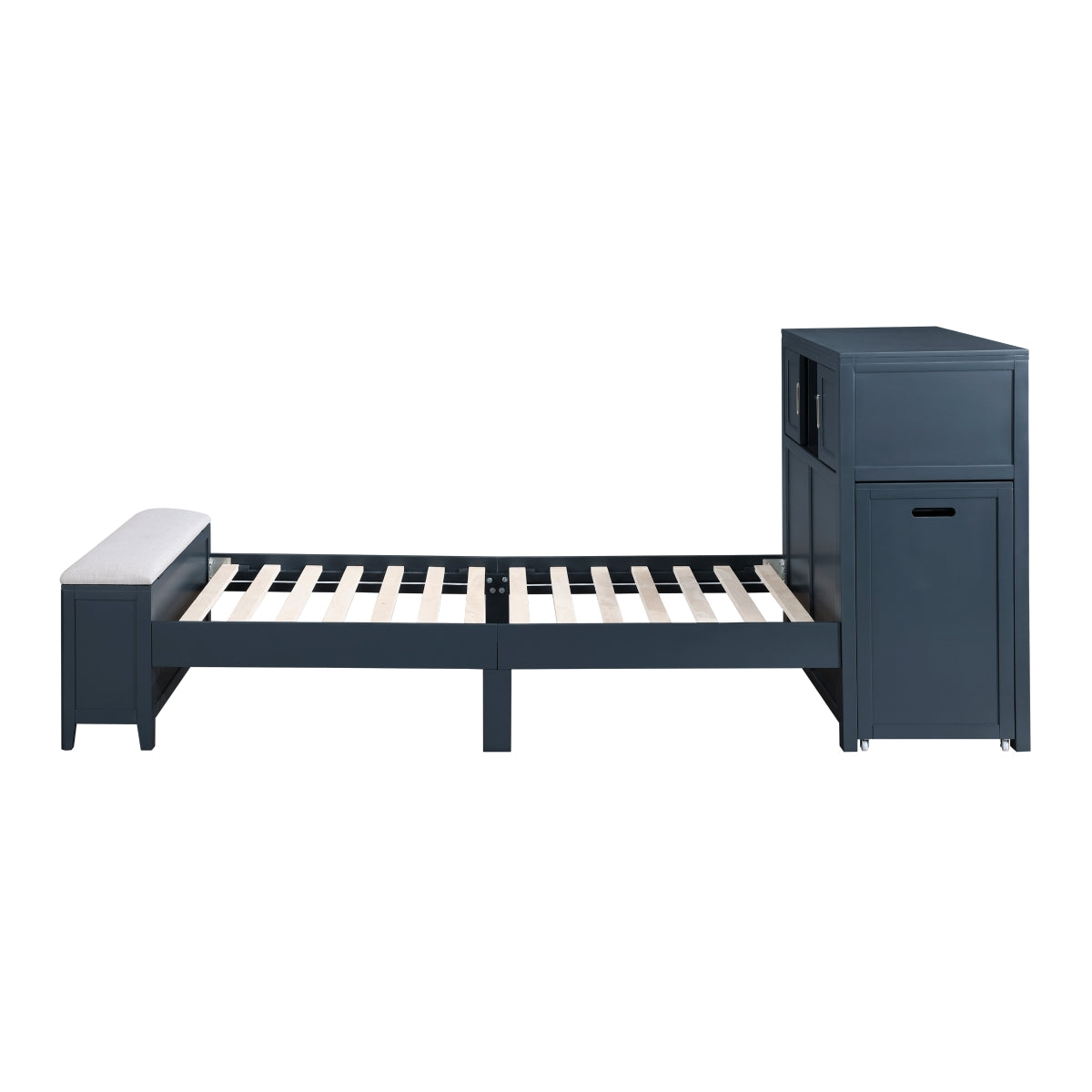 Sloane Bookcase Platform Bed with Hidden Desk, Stool and Storage Bench (Blue)