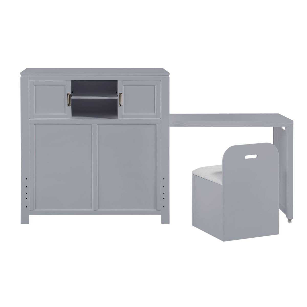 Sloane Bookcase Platform Bed with Hidden Desk, Stool and Storage Bench (Gray)