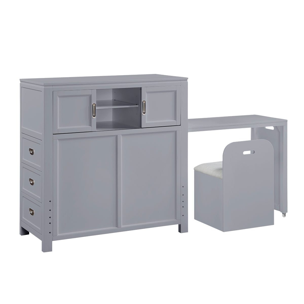 Sloane Bookcase Platform Bed with Hidden Desk, Stool and Storage Bench (Gray)
