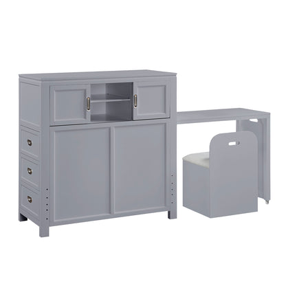 Sloane Bookcase Platform Bed with Hidden Desk, Stool and Storage Bench (Gray)