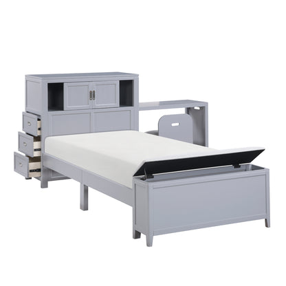 Sloane Bookcase Platform Bed with Hidden Desk, Stool and Storage Bench (Gray)