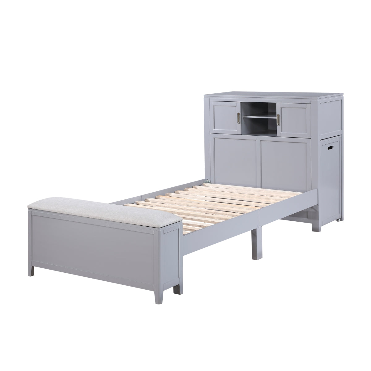 Sloane Bookcase Platform Bed with Hidden Desk, Stool and Storage Bench (Gray)