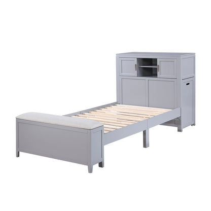 Sloane Bookcase Platform Bed with Hidden Desk, Stool and Storage Bench (Gray)