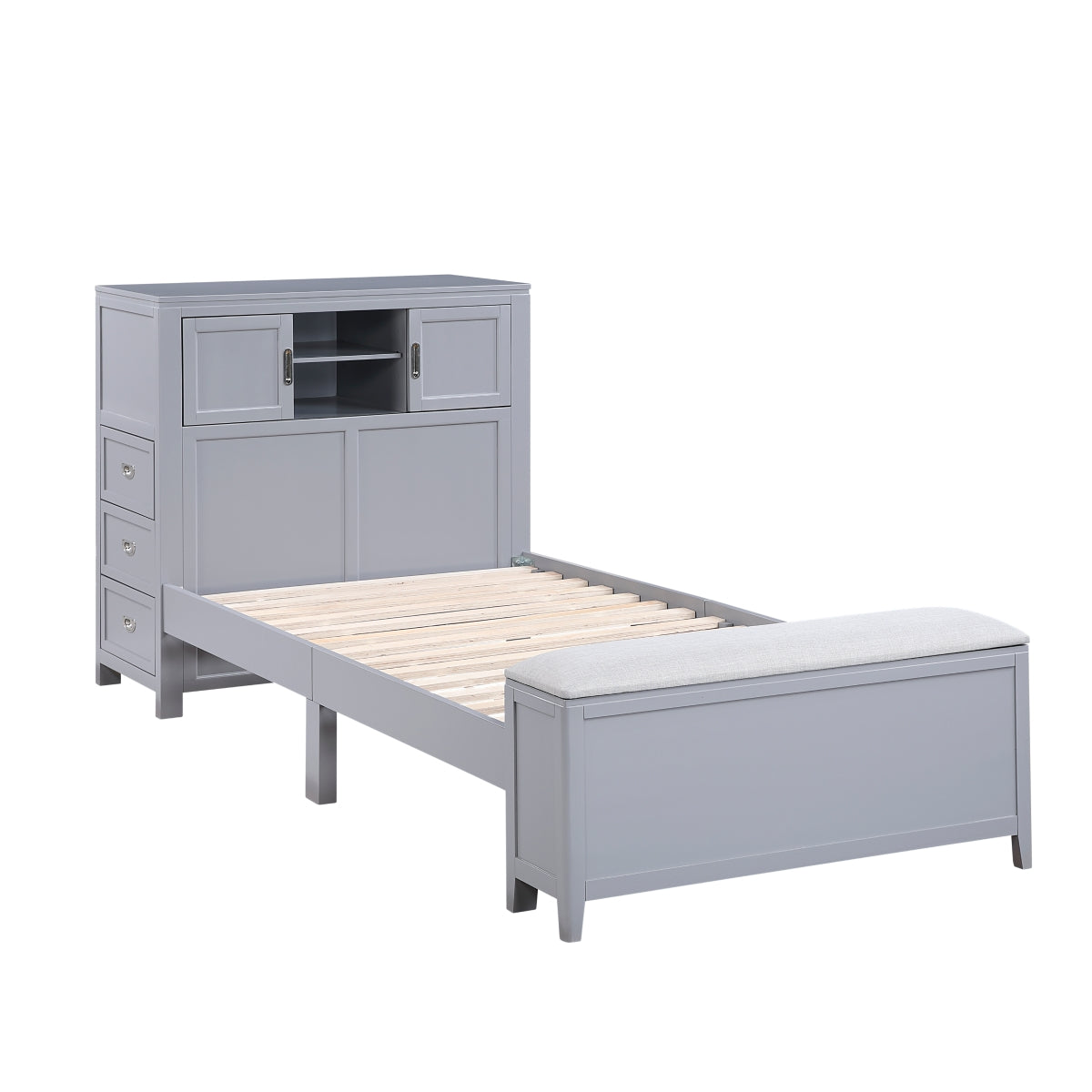 Sloane Bookcase Platform Bed with Hidden Desk, Stool and Storage Bench (Gray)