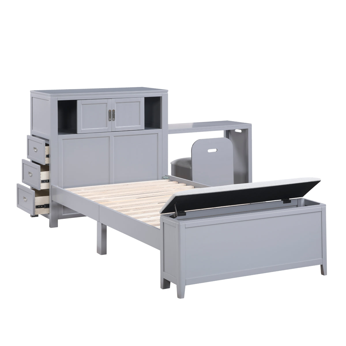 Sloane Bookcase Platform Bed with Hidden Desk, Stool and Storage Bench (Gray)