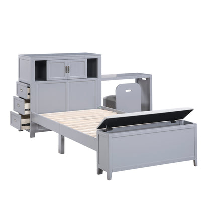 Sloane Bookcase Platform Bed with Hidden Desk, Stool and Storage Bench (Gray)