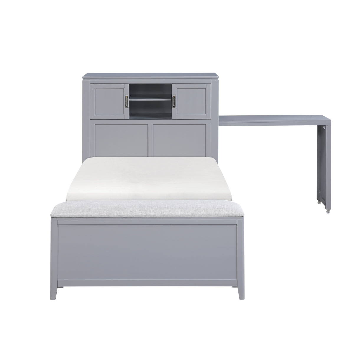 Sloane Bookcase Platform Bed with Hidden Desk, Stool and Storage Bench (Gray)