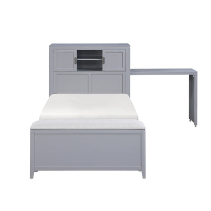 Sloane Bookcase Platform Bed with Hidden Desk, Stool and Storage Bench (Gray)