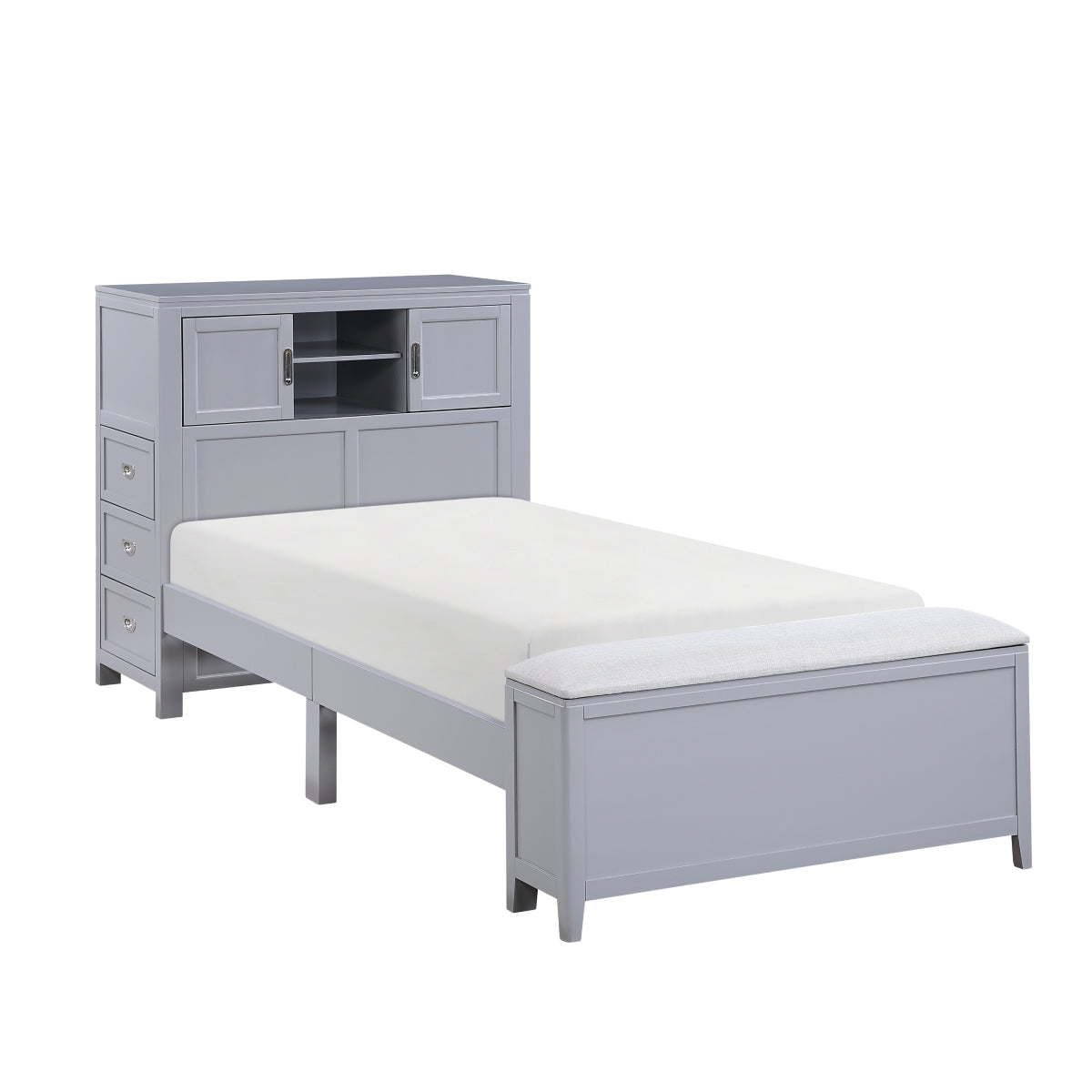 Sloane Bookcase Platform Bed with Hidden Desk, Stool and Storage Bench (Gray)