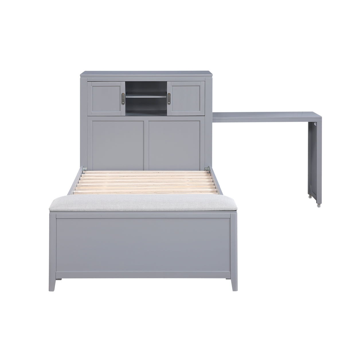 Sloane Bookcase Platform Bed with Hidden Desk, Stool and Storage Bench (Gray)