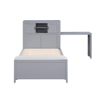Sloane Bookcase Platform Bed with Hidden Desk, Stool and Storage Bench (Gray)