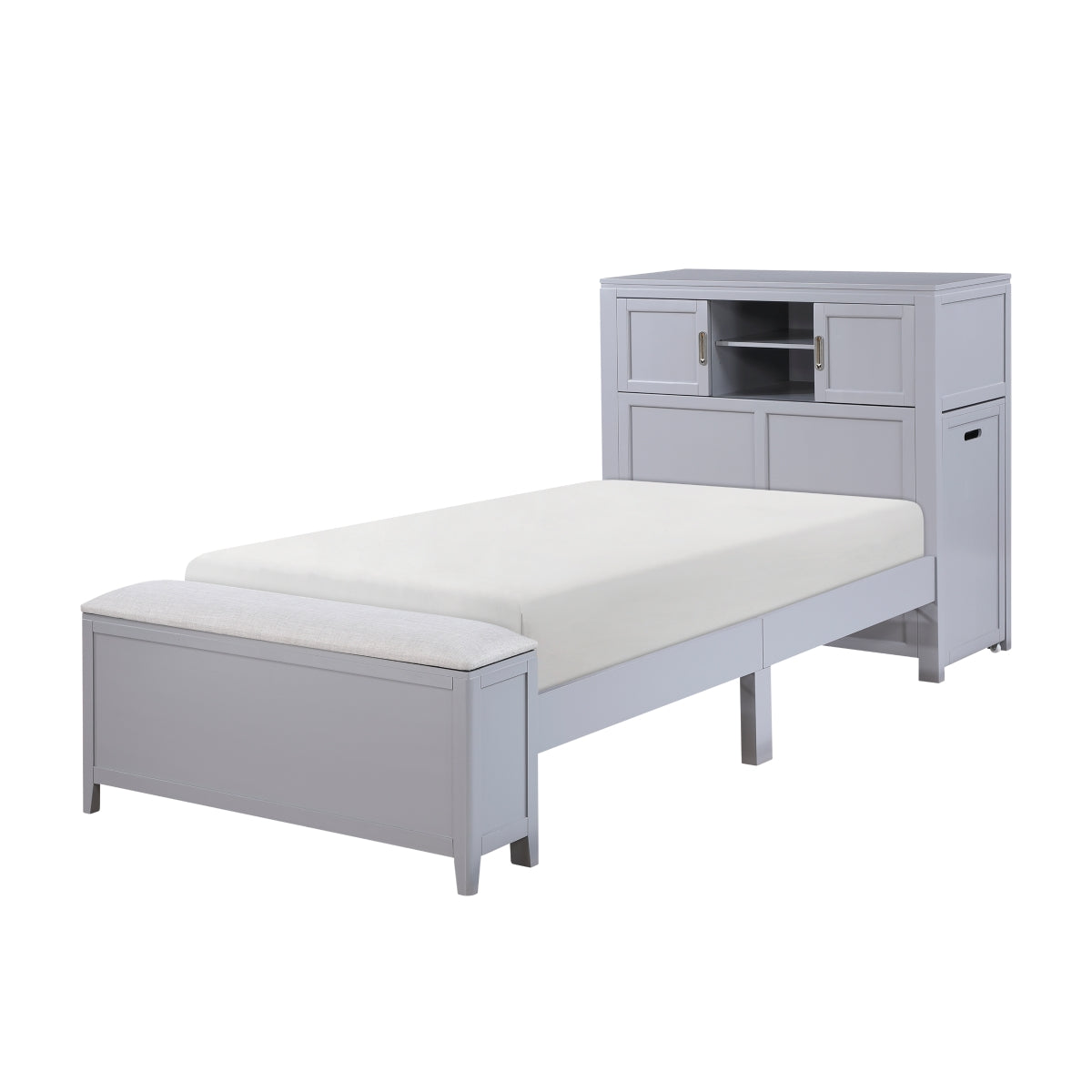 Sloane Bookcase Platform Bed with Hidden Desk, Stool and Storage Bench (Gray)