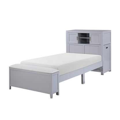 Sloane Bookcase Platform Bed with Hidden Desk, Stool and Storage Bench (Gray)