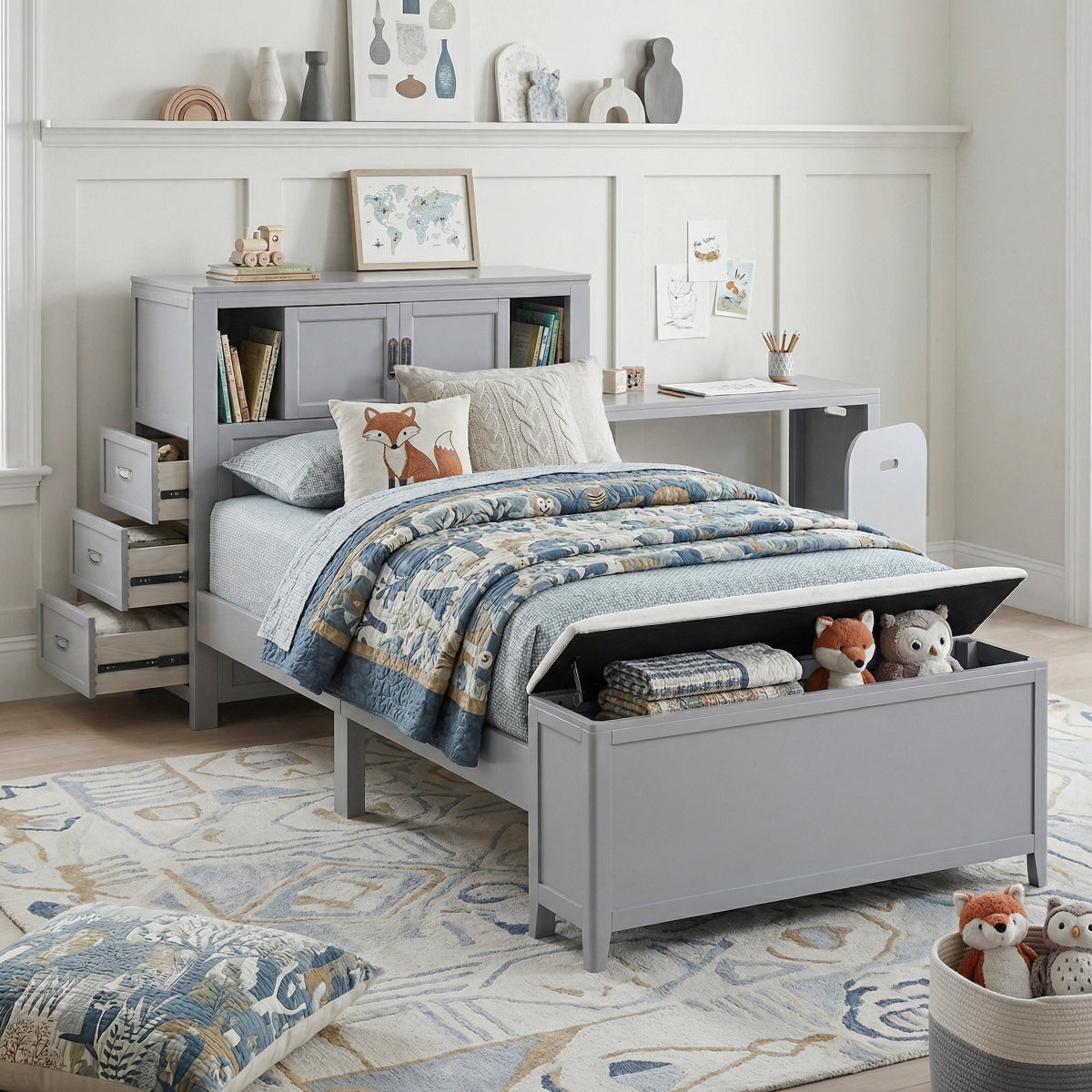 Sloane Bookcase Platform Bed with Hidden Desk, Stool and Storage Bench (Gray)