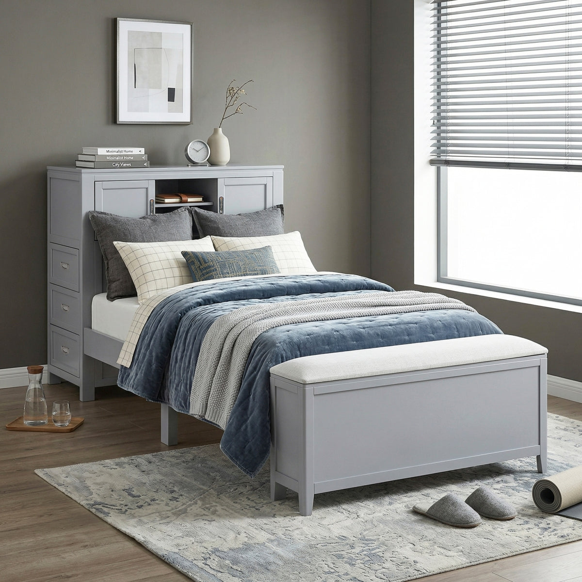 Sloane Bookcase Platform Bed with Hidden Desk, Stool and Storage Bench (Gray)