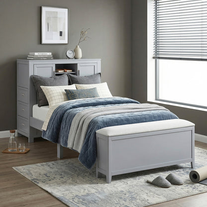 Sloane Bookcase Platform Bed with Hidden Desk, Stool and Storage Bench (Gray)