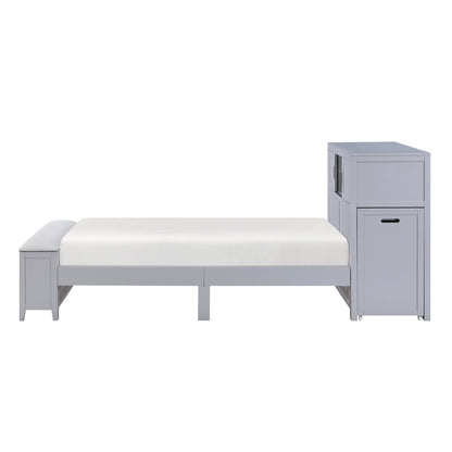 Sloane Bookcase Platform Bed with Hidden Desk, Stool and Storage Bench (Gray)