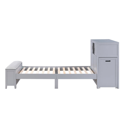 Sloane Bookcase Platform Bed with Hidden Desk, Stool and Storage Bench (Gray)